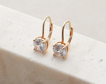 CZ Leverback Earrings - 7mm Solitaire CZ Earrings, Crystal Drop Earrings, Gold or Silver Earrings, Bridal Earring, Comfortable Earrings LUMA