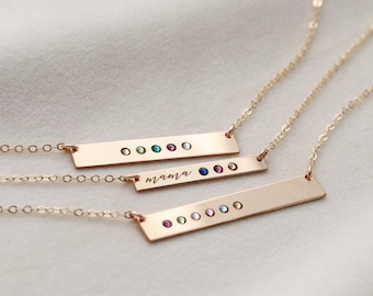 Mother’s Day Birthstone Bar Necklace - Personalized Engraved Bar for Mom, Custom Kids’ Names, Handmade Family Birthstone Jewelry Gift TBR1