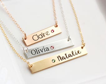 Birthstone Necklace - Thick Bar, Engraved Birthstone Name Necklace, Personalized Gift for Her, Necklace Custom Personalized Name Gift, TBR1