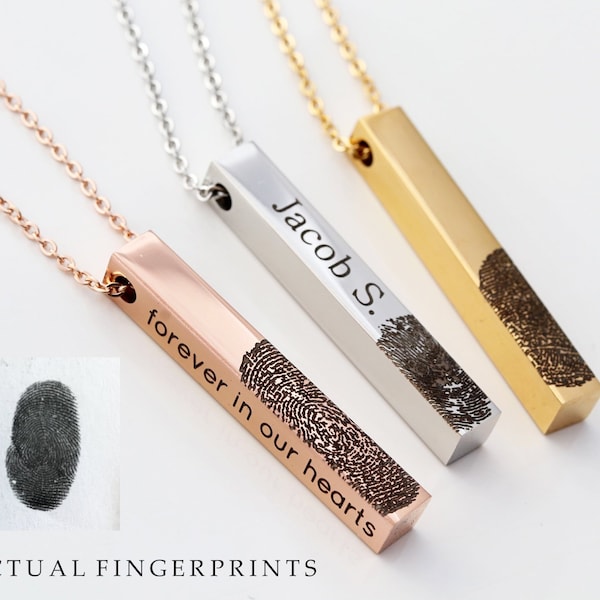 Fingerprint Necklace • Actual Finger Print • Custom Engraved Fingerprint • Custom Bar Necklace • Personalized Gift • 4 sided Bar • HND