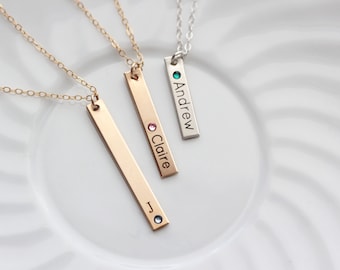 Engraved Birthstone Bar Necklace - Thin Personalized Birthstone Vertical Nameplate, Engraved Birthstone Necklace, Mother's Day Birthday TBR1