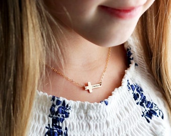 Children's Cross Necklace • Personalized Cross Necklace • Baptism Gift • Confirmation Gift • Engraved Necklace • Sideways Cross • MXE1