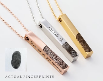 Fingerprint Necklace • Actual Finger Print • Custom Engraved Fingerprint • Custom Bar Necklace • Personalized Gift • 4 sided Bar • HND