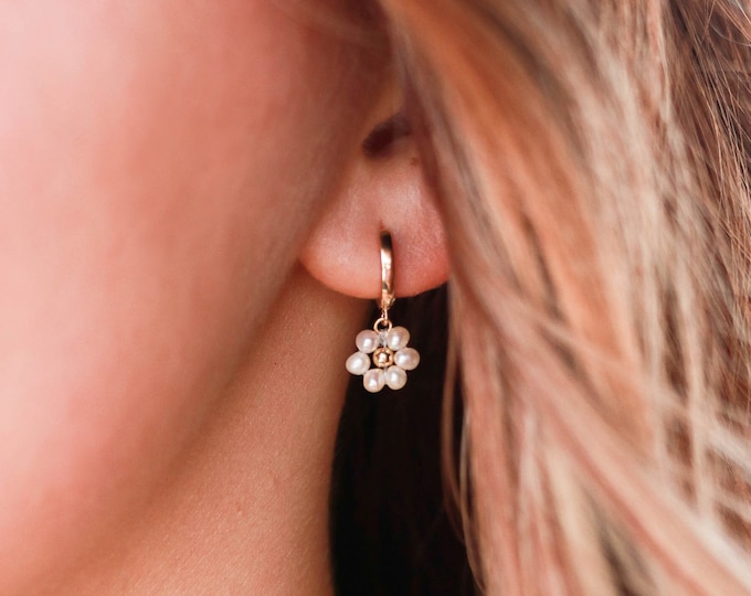 Dainty Gold Pearl Flower Stud Earrings, Small Flower Stud Earrings ...