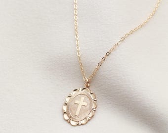 Gold Cross Medallion Necklace - Scalloped Cross Necklace, Bold Faith Necklace, Oval Pendant Religious Jewelry, Christian Jewelry, Gold GFC