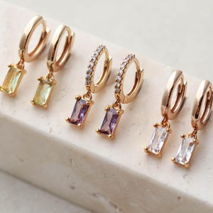Birthstone Earrings • Baguette Huggie Earrings • CZ Huggie • Bridesmaid Gift • Birthday Gift for Her • Emerald Ruby Citrine Amethyst ERG