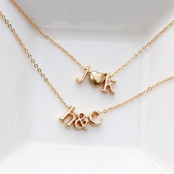 Initials Necklace Ampersand or Heart, Letter Necklace, Personalized Gift, Bridal Gift Initial Necklace Dainty Layering LOWERCASE CH1