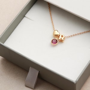 Birthstone Necklace • Tiny Letter Necklace • Initial & Birthstone • Flower Girl Gift • Charm Necklace, Personalized Charm Necklace BSI GZ