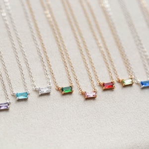 Birthstone Necklace • Baguette Solitaire • Birthday Gift for Her • Emerald Ruby Citrine Amethyst Sapphire Garnet Ruby Bridesmaid Gift BSI