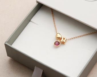 Birthstone Necklace • Tiny Letter Necklace • Initial & Birthstone • Flower Girl Gift • Charm Necklace, Personalized Charm Necklace BSI GZ