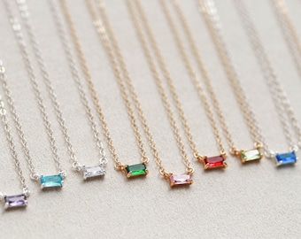 Birthstone Necklace • Baguette Solitaire • Birthday Gift for Her • Emerald Ruby Citrine Amethyst Sapphire Garnet Ruby Bridesmaid Gift BSI