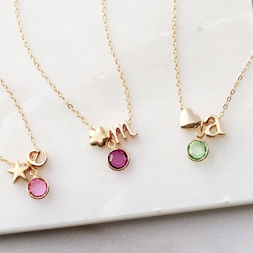Children's Birthstone Necklace / Charm Necklace / Letter Etsy