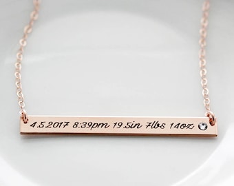 Birth Stat Necklace • New Mom Necklace • Baby Shower Gift • Birth Announcement • Gold Bar Necklace • Birthstone Necklace Engraved Gift TBR1