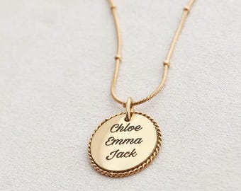 Engraved Rope Necklace - Custom Gold Pendant, Personalized Text Necklace, Name Date Necklace, Custom Engraved Jewelry, Monogram Rope MXE1