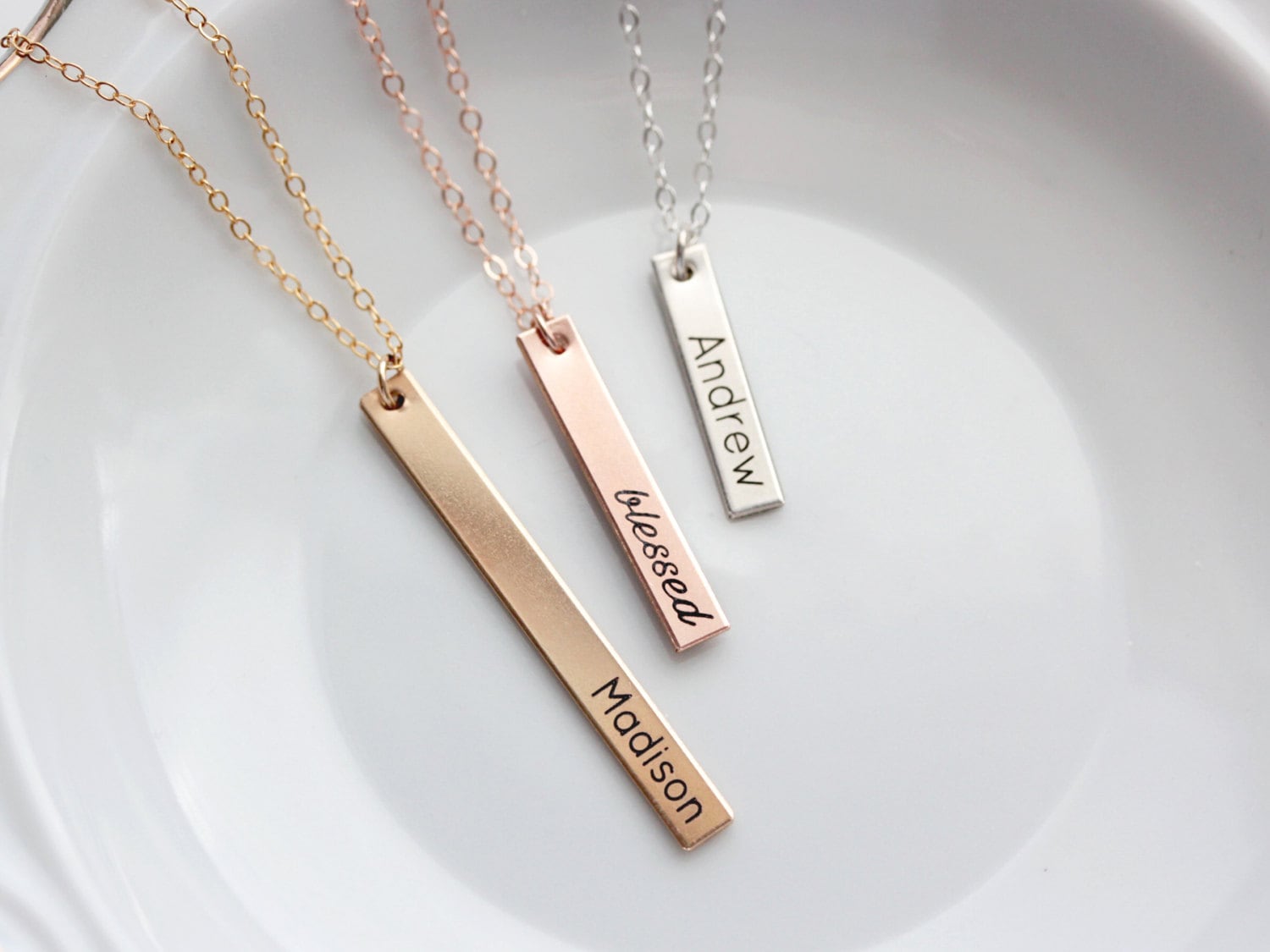 Gold bar necklace with name best sale engraved