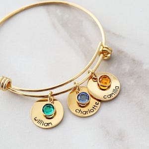 Birthstone Bracelet • Birthstone Charm Bracelet • Names Bracelet • Birthstone Bangle • Dangling Charms • Personalized Gift • curved 16 SLD
