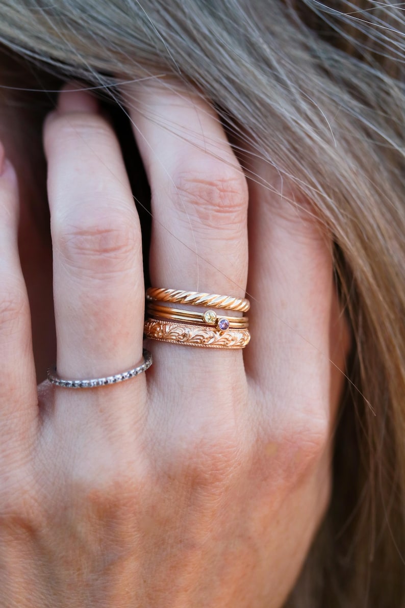 Bague à empiler avec pierres de naissance - Bague avec pierres précieuses personnalisées en or 14 carats, bague en argent délicate, cadeau de bijoux de pierre de naissance personnalisés pour elle, bague RNG image 3