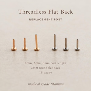 May include: Threadless flat back replacement posts in rose gold and silver tones. The set includes 18 gauge posts with 5mm, 6mm, and 8mm lengths and 3mm round flat backs, crafted from medical grade titanium as indicated by the text in the image.