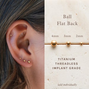 Ball Flat Back Stud - Titanium Earrings, Threadless Push Pin Earrings, Medical Grade, Dainty Piercing, Hypoallergenic, Nap Earrings Stud FLB