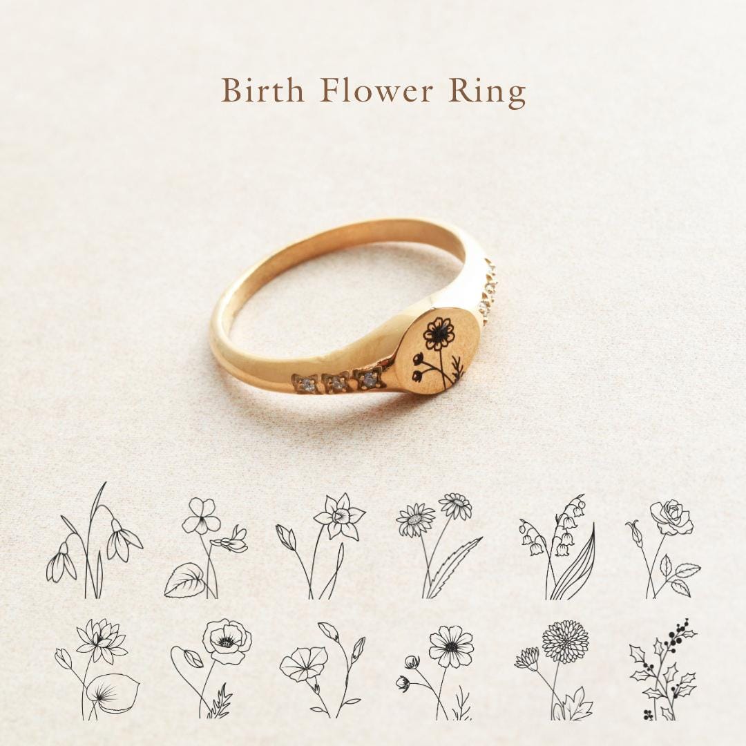 Birth Flower Ring - Custom Engraved Ring, Signet Ring, Birth Flower ...
