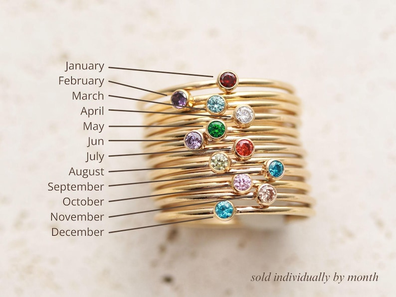 Bague à empiler avec pierres de naissance - Bague avec pierres précieuses personnalisées en or 14 carats, bague en argent délicate, cadeau de bijoux de pierre de naissance personnalisés pour elle, bague RNG image 2