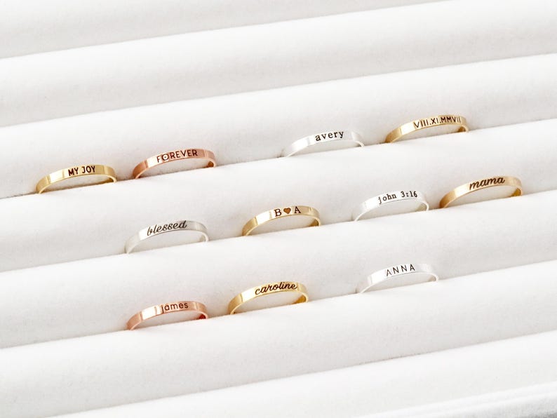 Anillo personalizado grabado - Anillo con nombre personalizado en oro laminado de 14k, delicado anillo apilable, anillo minimalista de oro y plata, regalo para ella, RNG imagen 7