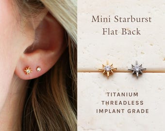 Mini Starburst Titanium Stud – Flat Back Earring for Cartilage Piercing, Threadless Flat Back, Waterproof Hypoallergenic Sensitive Ears FLB