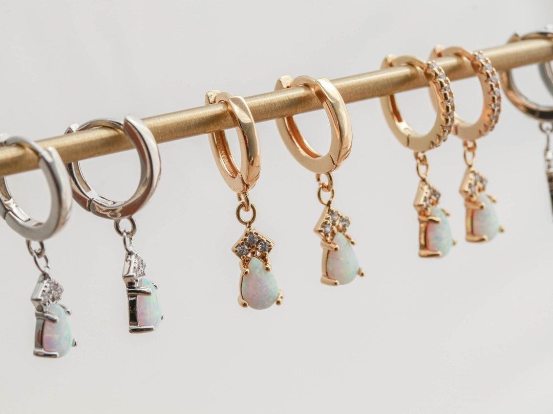 Opal Huggie Dangles • Opal Earrings • Huggie Earrings • Minimalist Earrings • Genuine White New Opal • Bridesmaid Gift • Bridal Earrings ERG