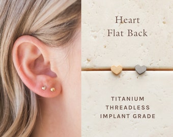 Heart - Flat Back Titanium Stud, Threadless Push Pin, Dainty Piercing, Flat Back, Hypoallergenic, Waterproof, Minimalist Stud Earring ERG