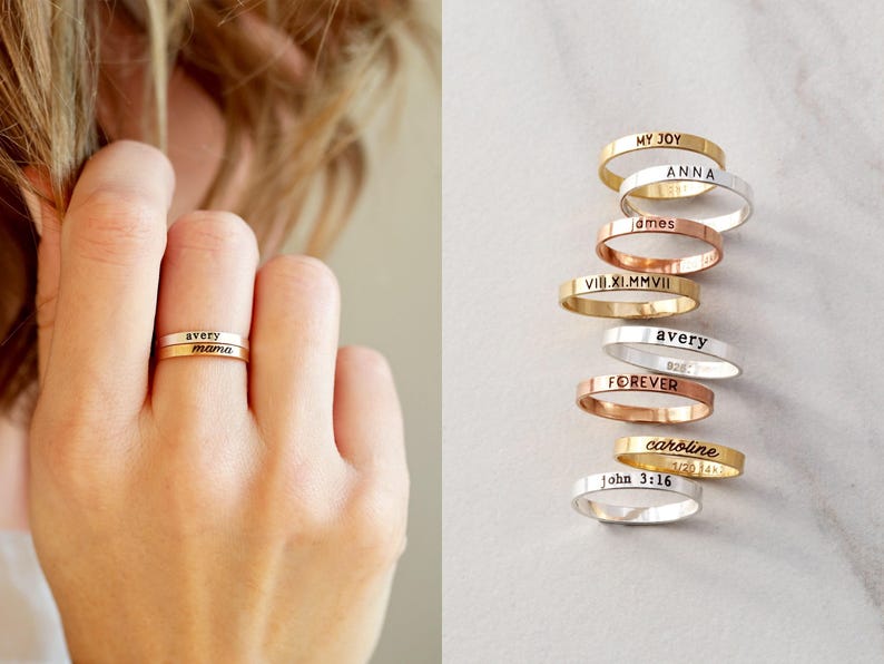 Anillo personalizado grabado - Anillo con nombre personalizado en oro laminado de 14k, delicado anillo apilable, anillo minimalista de oro y plata, regalo para ella, RNG imagen 3