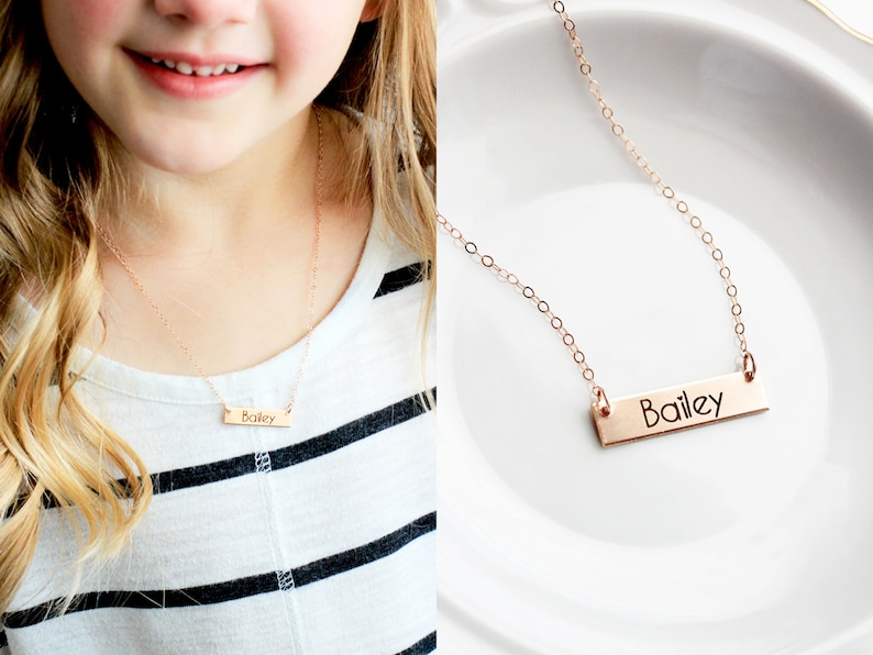 Kids Name Necklace Gold Bar Necklace Name Necklace Child Name Necklace Flower Girl Necklace Custom Gift Nameplate Necklace MXE2 image 2
