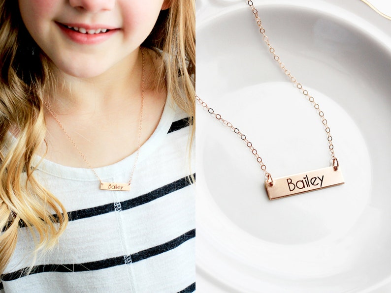 Children's Name Necklace Custom Engraved Bar Necklace Etsy