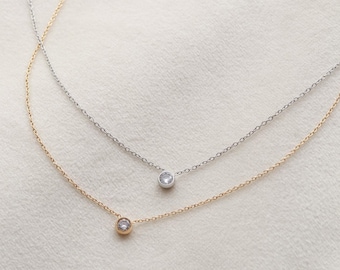 CZ Solitaire Necklace - Dainty CZ Necklace, Minimalist Necklace, Gold Solitaire Necklace, Silver Crystal Necklace, Bridal Jewelry, ZELF