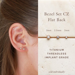 CZ Bezel Flat Back Stud - Titanium Earrings, Threadless Push Pin, Dainty CZ Stud Earring, Flat Back, Hypoallergenic, Medical Grade Stud FLB