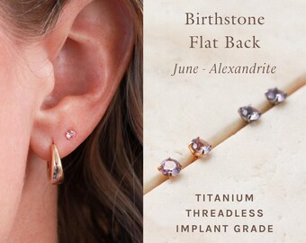 June Birthstone Stud Earrings – F136 Titanium, Hypoallergenic, Push Pin Flat Back, Threadless Earring, Alexandrite June Birthday Gift, FLB