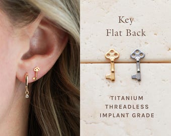 Key Flat Back Studs  Titanium Threadless Earring, Flat Back Earrings, Medical Grade Hypoallergenic, Dainty Stud, Waterproof Nap Earring FEXI