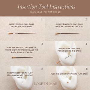 instructions for using an earring tool, with step-by-step visual demonstrations of inserting and removing the tool from the ear.