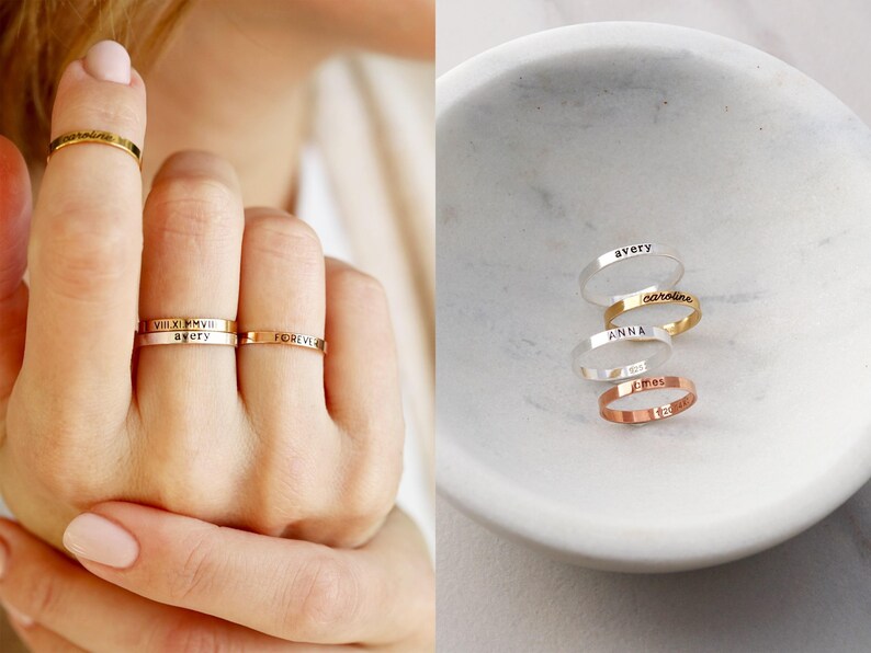 Anillo personalizado grabado - Anillo con nombre personalizado en oro laminado de 14k, delicado anillo apilable, anillo minimalista de oro y plata, regalo para ella, RNG imagen 2