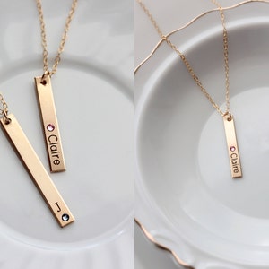 Engraved Birthstone Bar Necklace Thin Personalized Birthstone Vertical Nameplate, Engraved Birthstone Necklace, Mother's Day Birthday TBR1 image 2