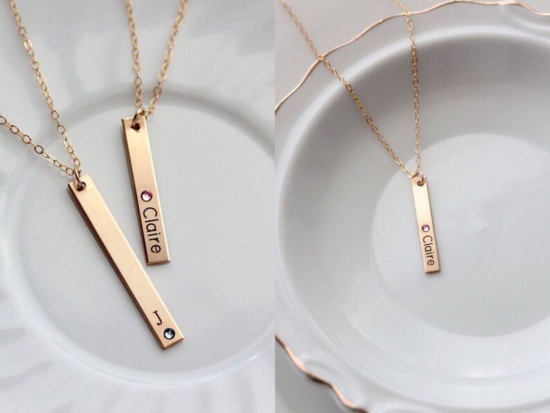 Engraved Birthstone Bar Necklace Thin Personalized Birthstone Vertical Nameplate, Engraved Birthstone Necklace, Mother's Day Birthday TBR1 image 2