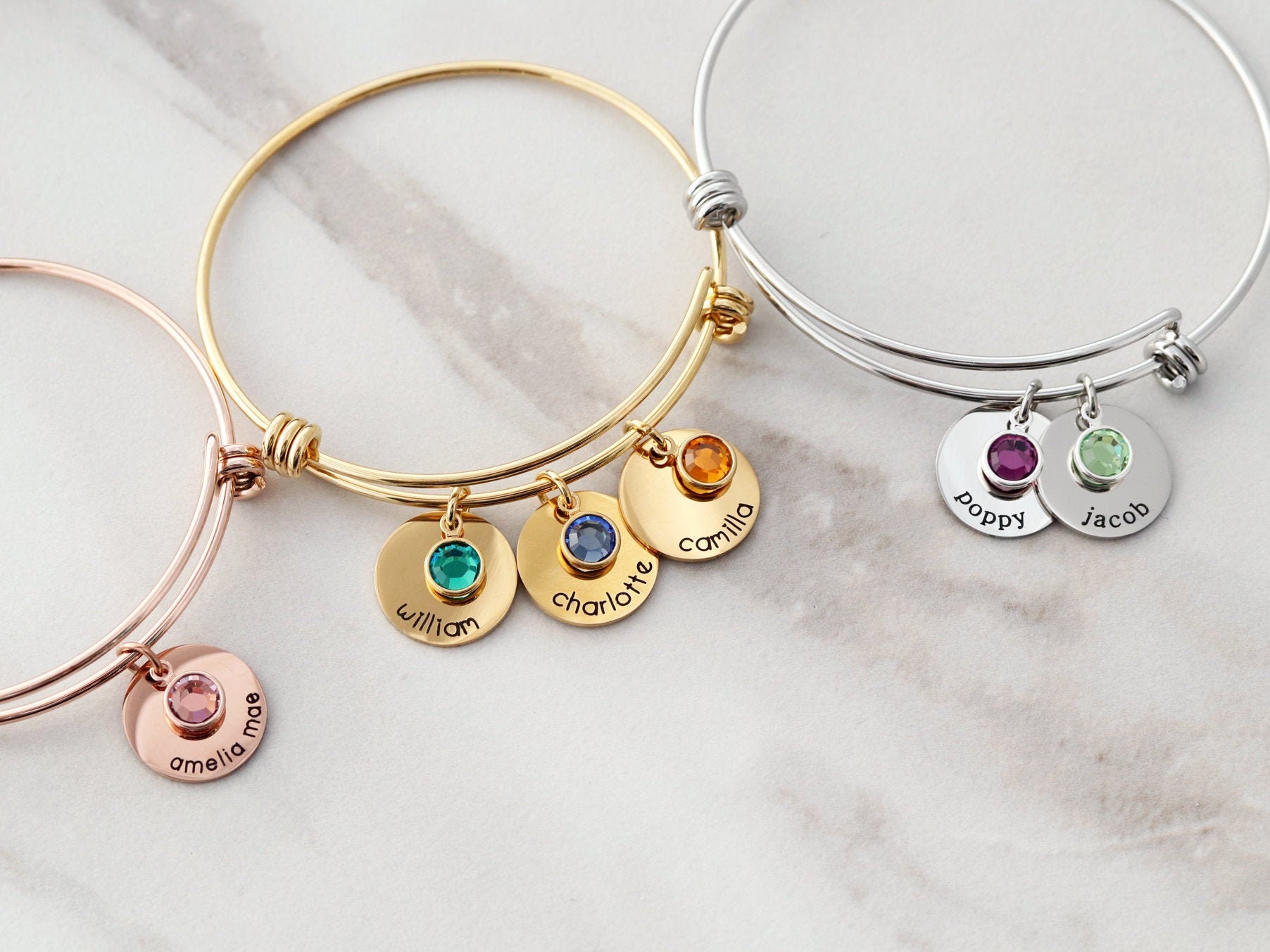 Birthstone Bangle / Custom Charm Bracelet / Family Birthstones Etsy