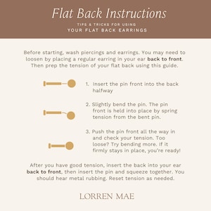 a series of instructions for using flat back earrings, with step-by-step guidance on how to properly insert and secure the back into the ear.