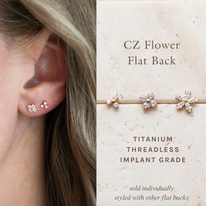 CZ Flower Flat Back Earrings, Titanium Stud, Threadless Earrings, Labret Earrings, Dainty CZ Stud, Flat Back Hypoallergenic Nap Earrings FLB