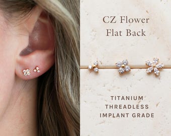 CZ Flower Flat Back Earrings, Titanium Stud, Threadless Earrings, Labret Earrings, Dainty CZ Stud, Flat Back Hypoallergenic Nap Earrings FLB