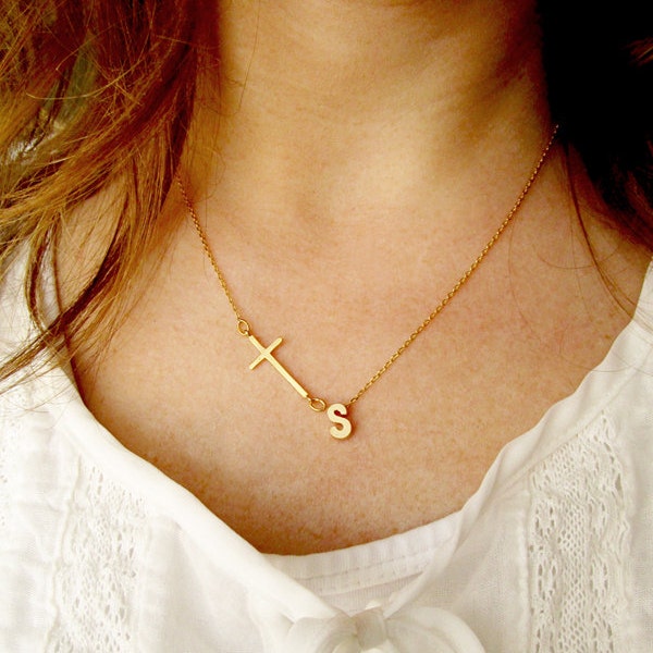 CLEARANCE Initial and Cross Necklace Gold - Letter Neckalce Cross Necklace Bridesmaid Gift Wedding Minimalist Alphabet Monogram