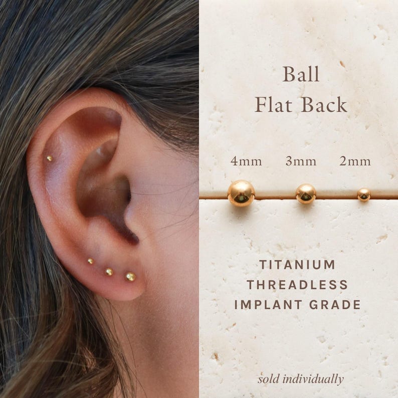 Ball Flat Back Stud Titanium Earrings, Threadless Push Pin Earrings, Medical Grade, Dainty Piercing, Hypoallergenic, Nap Earrings Stud FEXI image 1