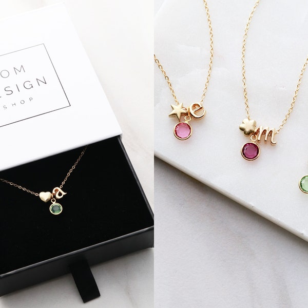 Birthstone Necklace • Children's Letter Necklace • Child Initial Necklace • Flower Girl Gift • Flower Girl Necklace • Birthday Gift BSI GZ