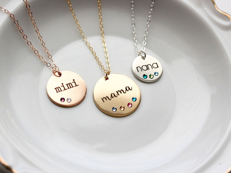 Birthstone Necklace Engraved Disc Necklace Personalized Disk Necklace Personalized Gift Necklace Gift for Mom Gift for Mom, TBR1 image 1