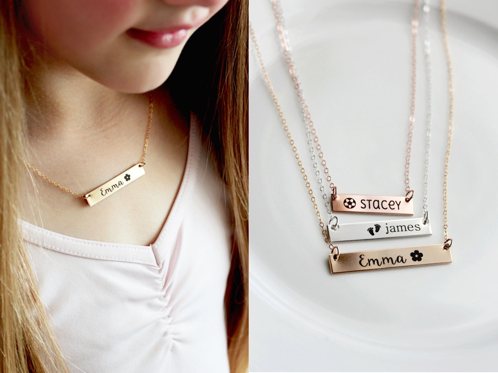 Children's Name Necklace Custom Engraved Bar Necklace Etsy