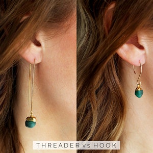 May include: Two close-up images of earrings with green gemstone accents. The left image shows a threader earring, while the right image shows a hook earring. The text "THREADER vs HOOK" is at the bottom of the image.